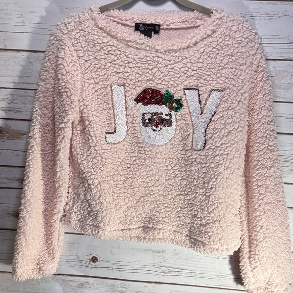 Miss Chievous Sweaters - Miss Chievous Fuzzy Pink Christmas Sweater With Sequined Joy Featuring Santa